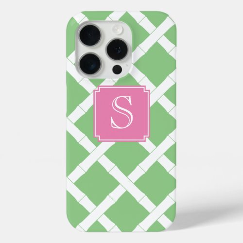 Preppy Bamboo Trellis Pattern Apple Green And Pink iPhone 15 Pro Case