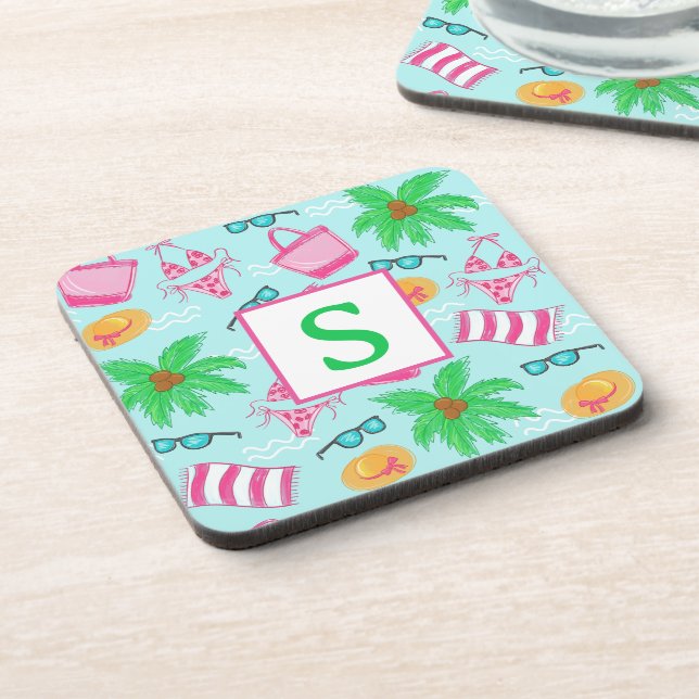 Preppy Beach Bikini Towel Palm Tree Towel Initial Beverage Coaster (Left Side)