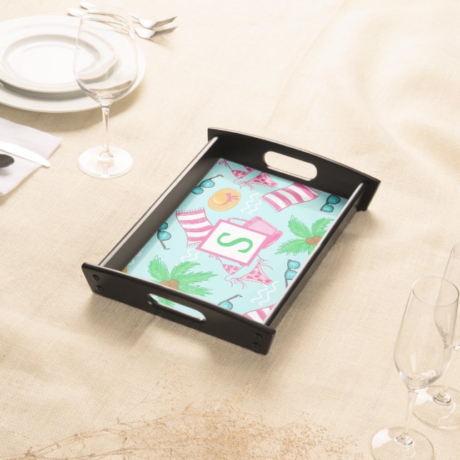 Preppy Beach Bikini Towel Palm Tree Towel Monogram Serving Tray (Front)