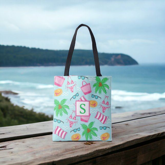 Preppy Beach Essentials Personalized Monogram Tote Bag (Creator Uploaded)