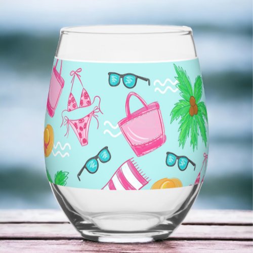 Preppy Beach Girls Weekend Bikini Palm Tree Stemless Wine Glass