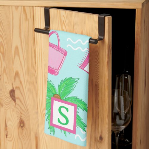 Preppy Beach Palm Tree Monogram Blue Kitchen Towel