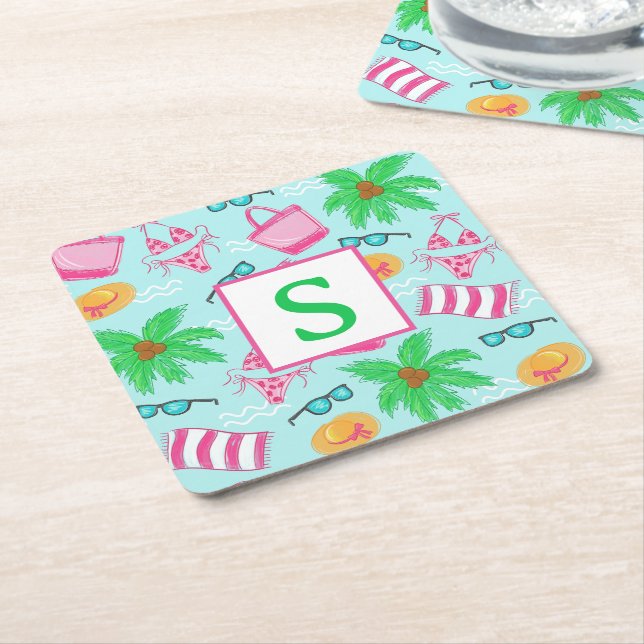 Preppy Beach Palm Trees Monogram Square Paper Coaster (Angled)