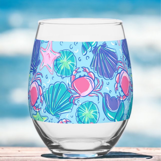 Preppy Beach Pink Crabs Shells  Stemless Wine Glass (Creator Uploaded)