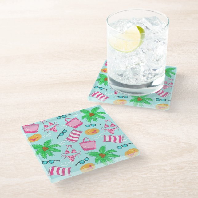 Preppy Beach Scene Coastal Palm Trees Bikinis Glass Coaster (Angled)