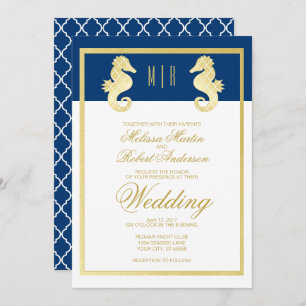 Preppy Beach Seahorse Navy Gold Wedding Invitation