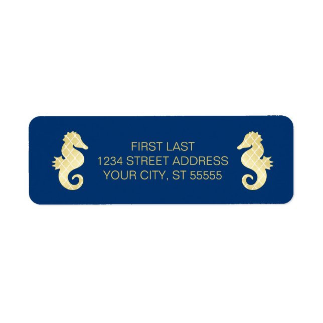 Preppy Beach Seahorse Navy Gold Wedding Label (Front)