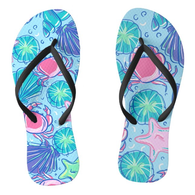 Preppy Beach Shell Crab Ocean Flip Flops (Footbed)