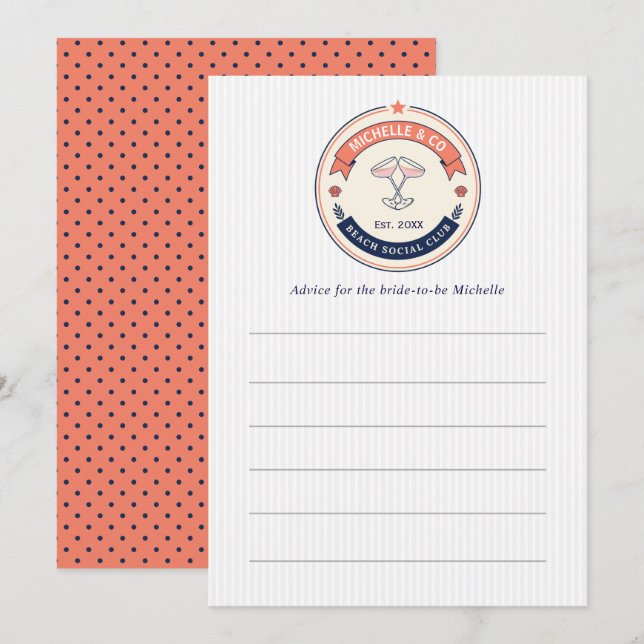 Preppy Beach Social Club Bridal Shower Advice Card (Front/Back)