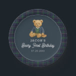 Preppy Bear 1st Birthday Paper Plates<br><div class="desc">Serve up timeless style with our Beary First Birthday paper plates, designed to match your preppy bear theme. Featuring the same charming illustration of a bear in a blazer and sweater, these plates are set against a navy blue background with a classic forest green and navy tartan plaid border. The...</div>
