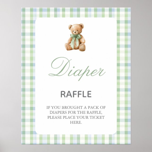 Preppy Bear Baby Shower Boy Diaper Raffle sign (Front)