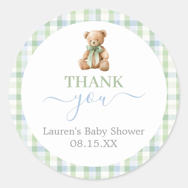 Preppy Bear Baby Shower Boy Round Sticker (Front)