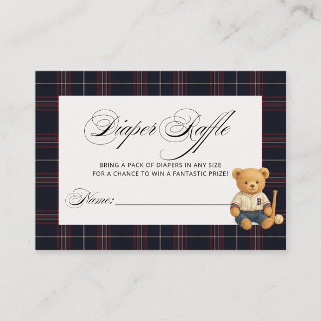 Preppy Bear Baseball Baby Shower Diaper Raffle Enclosure Card (Front)