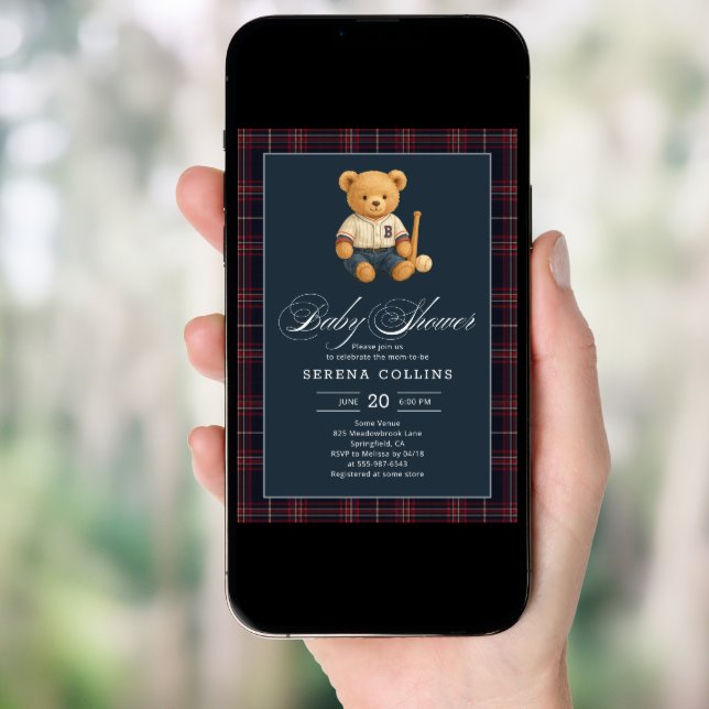 Preppy Bear Baseball Plaid Baby Shower Invitation (Front Digital)