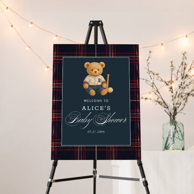 Preppy Bear Baseball Welcome Sign Baby Shower (In Situ (Stand))