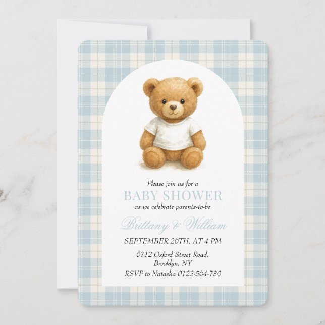  Preppy Bear Blue Plaid Arch Baby Shower   Invitation (Front)