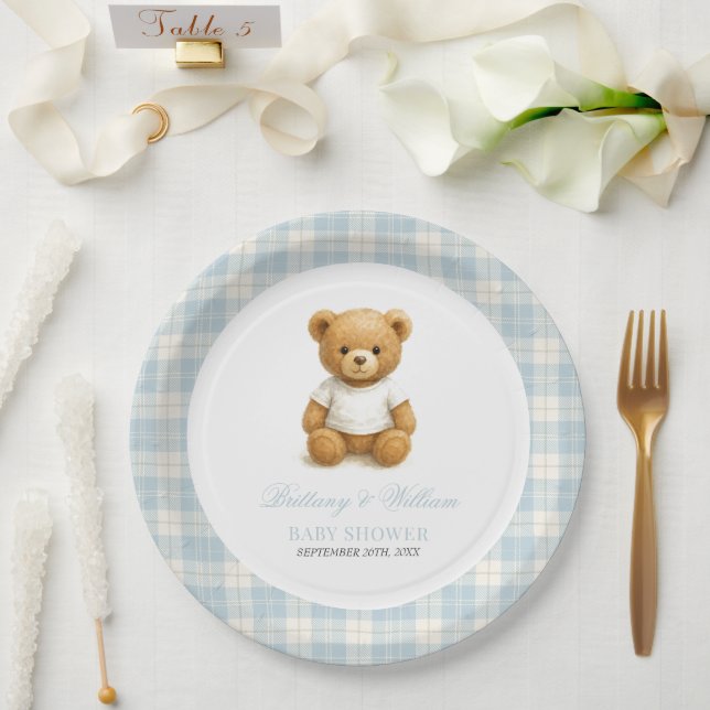  Preppy Bear Blue Plaid Modern Baby Shower  Paper Plates (Wedding)