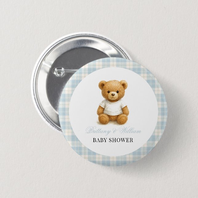  Preppy Bear Designer Blue Plaid Baby Shower  Button (Front & Back)