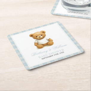 Preppy Bear Designer Blue Plaid Baby Shower Square Paper Coaster