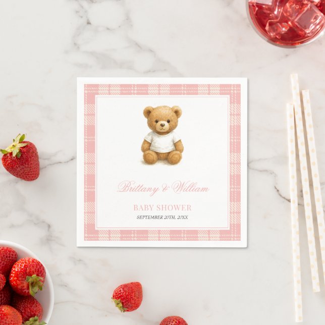  Preppy Bear Elegant Pink Plaid Baby Shower   Napkins (Insitu)