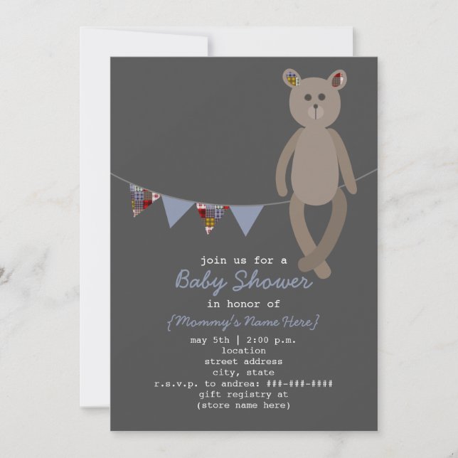 Preppy Bear & Plaid Bunting Baby Shower Invitation (Front)