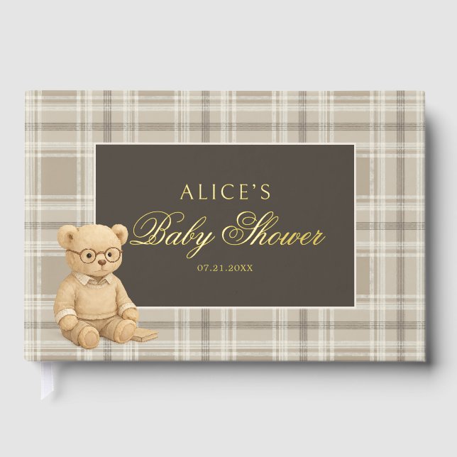 Preppy Bear Soft Neutral Baby Shower Foil Guest Book (Front)