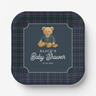 Preppy Bear Tartan Baby Shower Paper Plates