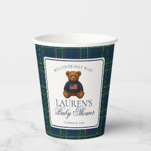 Preppy Bear Tartan Pattern Boy Baby Shower Paper Cups