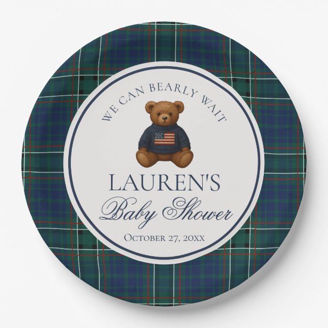 Preppy Bear Tartan Plaid Boy Baby Shower Envelope  Paper Plates (Front)