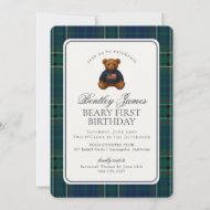 Preppy Bear Tartan Plaid Boy Beary First Birthday Invitation