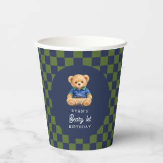 Preppy Beary 1st Birthday Checkboard Paper Cups