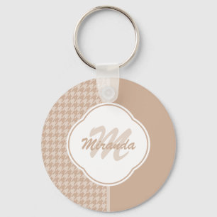 Preppy Beige and Tan Houndstooth Monogram and Name Keychain