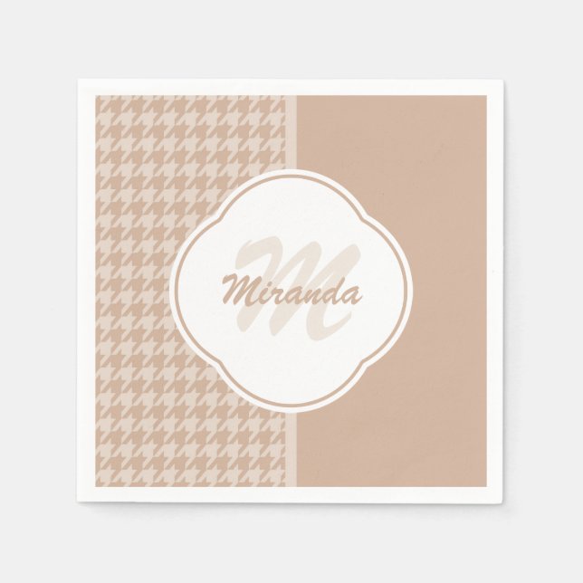 Preppy Beige and Tan Houndstooth Monogram and Name Paper Napkins (Front)