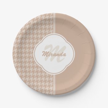Preppy Beige And Tan Houndstooth Monogram And Name Paper Plates by ohsogirly at Zazzle