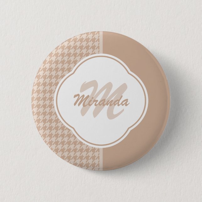 Preppy Beige and Tan Houndstooth Monogram and Name Pinback Button (Front)