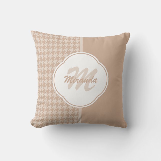 Preppy Beige and Tan Houndstooth Monogram and Name Throw Pillow (Front)
