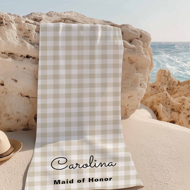Preppy Beige Checkered Bridesmaid Proposal Beach Towel (Creator Uploaded)