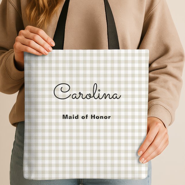 Preppy Beige Checkered Bridesmaid Proposal Tote Bag (Creator Uploaded)