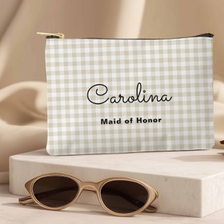 Preppy Beige Checkered Bridesmaid Travel Accessory Pouch