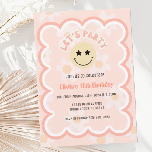 Preppy Beige Daisy Y2K Happy Face Party Birthday Invitation