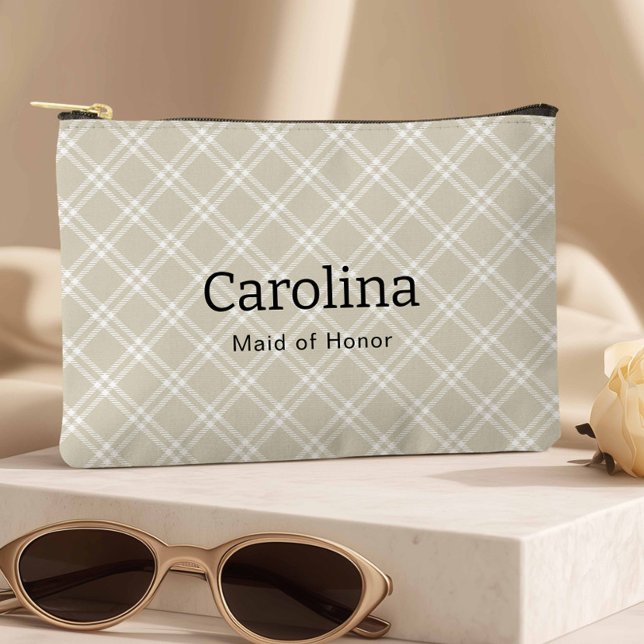 Preppy Beige Plaid Bridesmaid Travel Accessory Pouch (Beige Plaid Travel Pouch Makeup Bag)