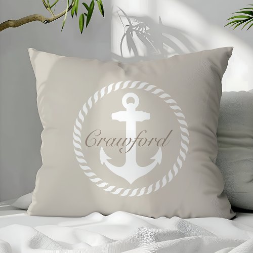 Preppy Beige &Amp;Amp; White Nautical Anchor Monogram Throw Pillow