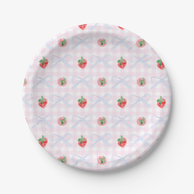 Preppy Berry First Birthday Watercolor Strawberrie Paper Plates (Front)