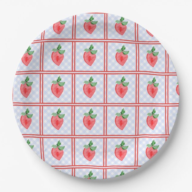 Preppy Berry First Birthday Watercolor Strawberrie Paper Plates (Front)