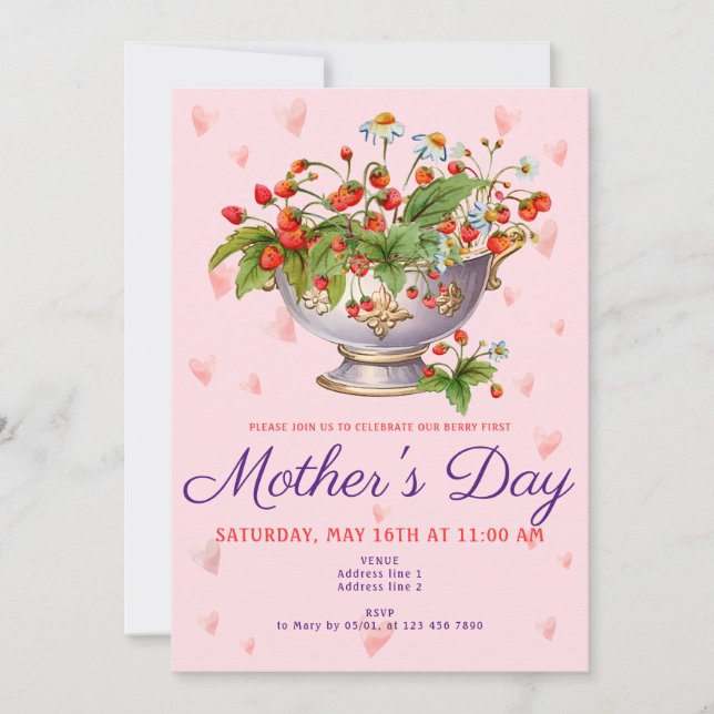 Preppy Berry First Mother's Day Wild Strawberry Invitation (Front)
