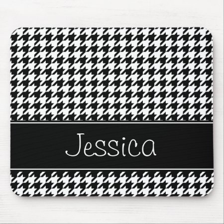 Preppy Black And White Houndstooth Personalized Mouse Pad