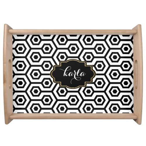 Preppy Black And White Octagonal Pattern Serving Tray