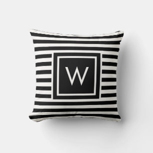 Preppy Black and White Stripe Monogram Throw Pillow