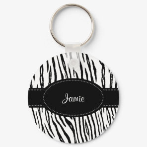 Preppy Black and White Tiger Stripes With Name Keychain