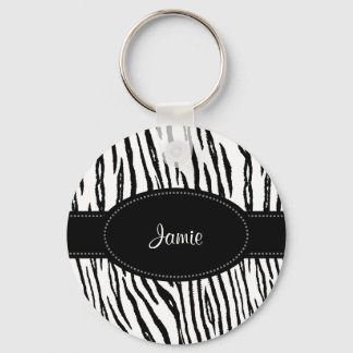 Preppy Black and White Tiger Stripes With Name Keychain